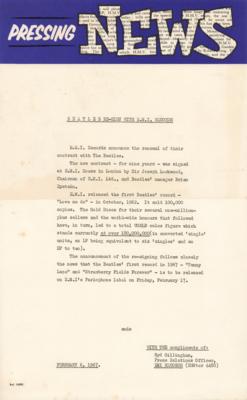 Lot #5045 Beatles EMI Records Press Release (February 1967) - On Contract Renewal and Release of 'Penny Lane' and 'Strawberry Fields Forever' - Image 1