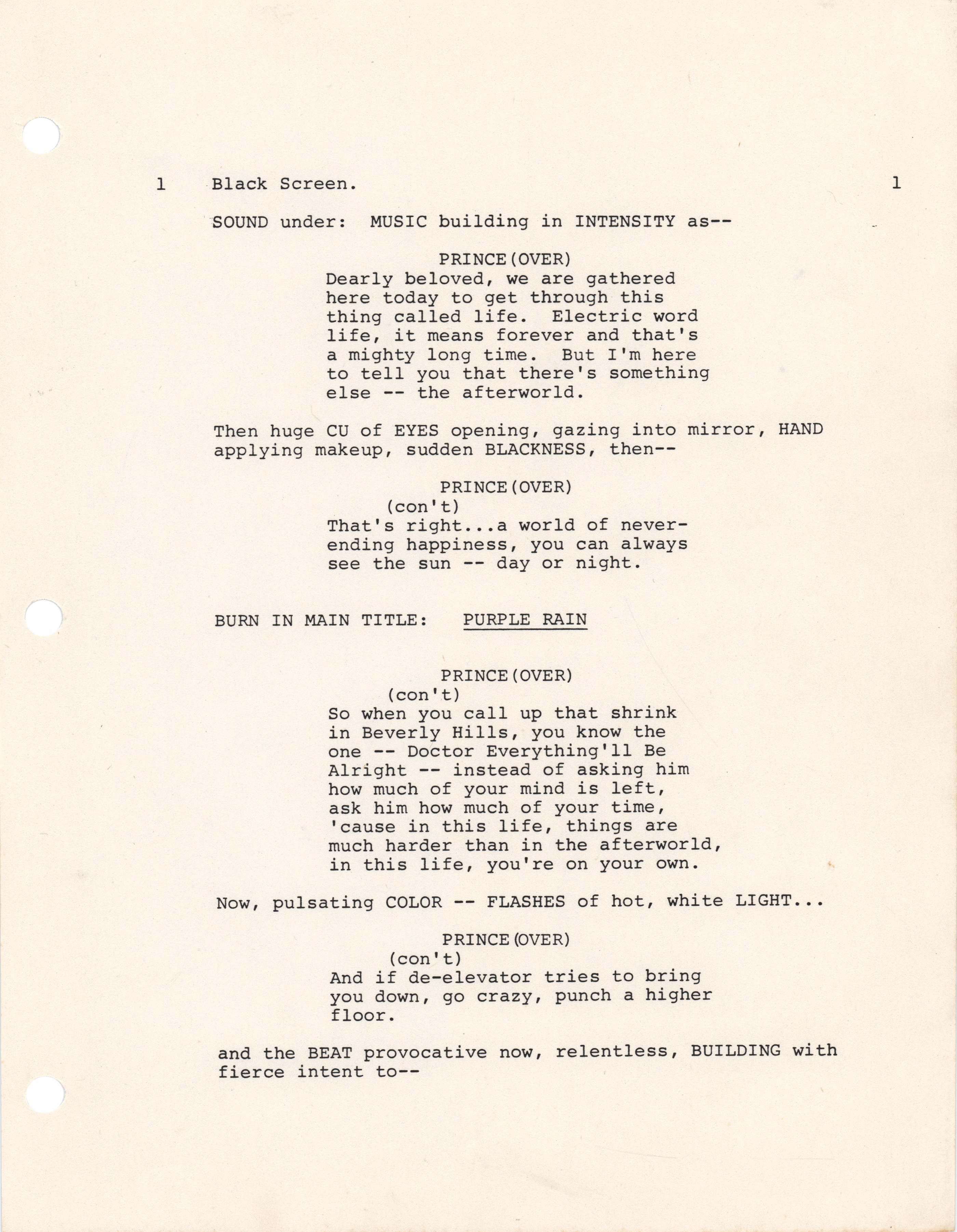 Lot #5253 Prince Purple Rain First Draft Script with Original Shooting Schedule and (25+) Pages of Production-Related Documents - Image 4