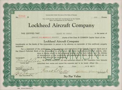 Lot #522 Lockheed Aircraft Company Stock Certificate - Image 2