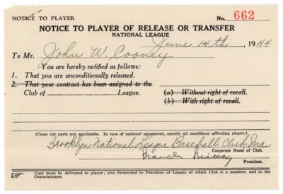 Lot #897 Branch Rickey Document Signed - National League Notice to Player of Release - Image 1