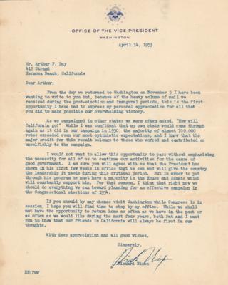 Lot #127 Richard Nixon Typed Letter Signed as Vice President on the 1952 Election in California: "The majority of almost 700,000 votes exceeded even our most optimistic expectations" - Image 1