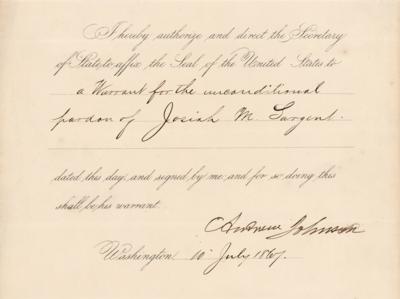 Lot #102 Andrew Johnson Document Signed as President - Pardon for a Post Office Robber - Image 1