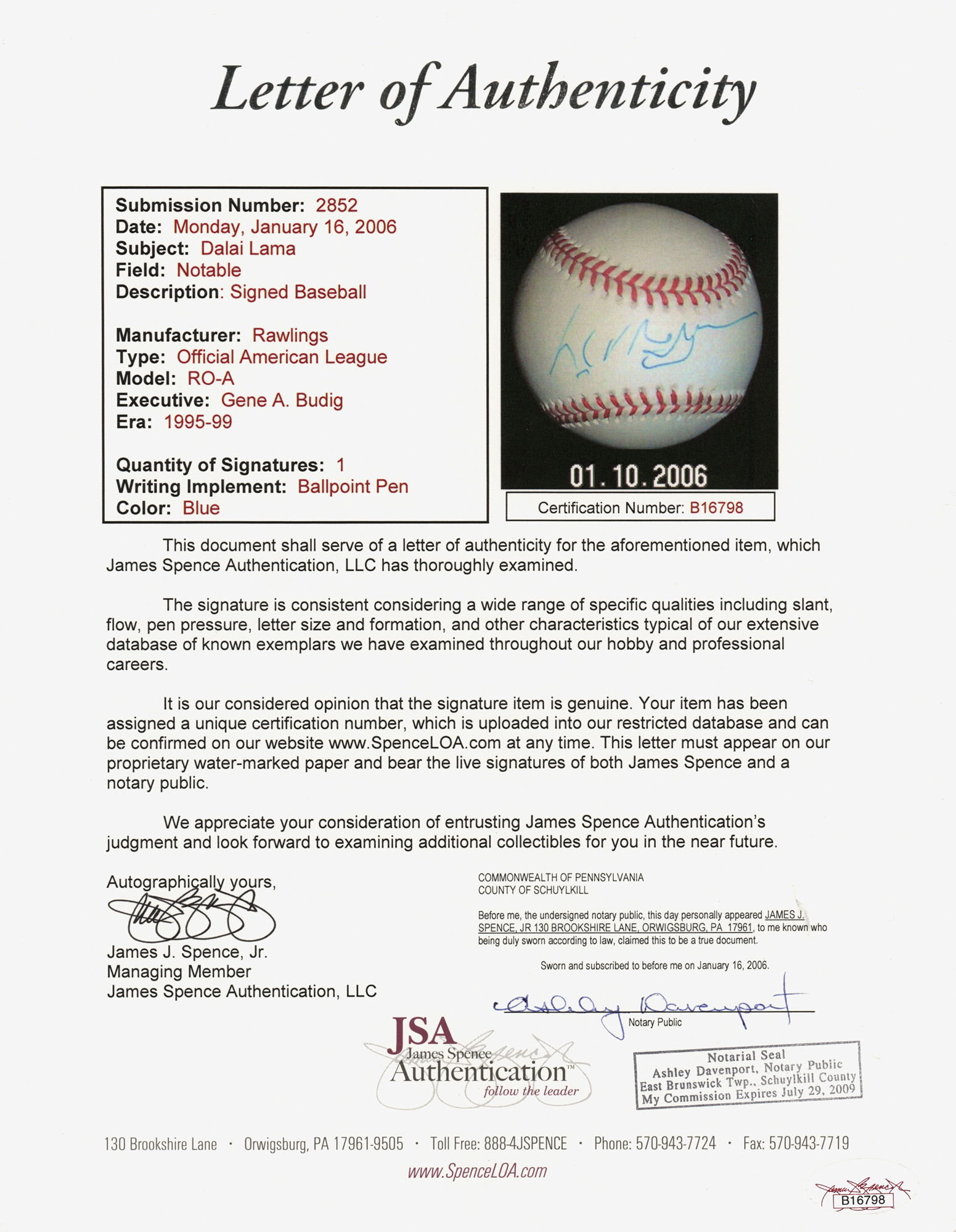 Lot #205 Dalai Lama Signed Baseball - Image 8