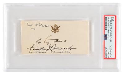 Lot #384 WWII: Franklin D. Roosevelt, Winston Churchill, and Joseph Stalin Signed Presidential Card from the Tehran Conference (1943) - Image 1