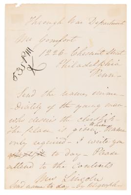 Lot #17 Mary Todd Lincoln Autograph Letter Signed, Couriered by the War Department - Image 1