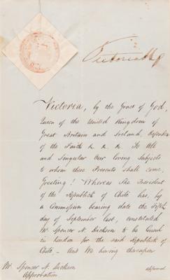 Lot #341 Queen Victoria Document Signed, Recognizing Chile's Consul in London - Image 2