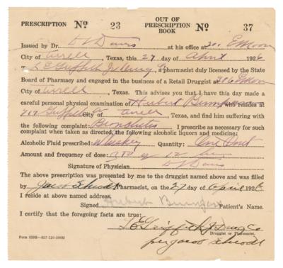 Lot #338 Prohibition: 1926 Alcohol Prescription
