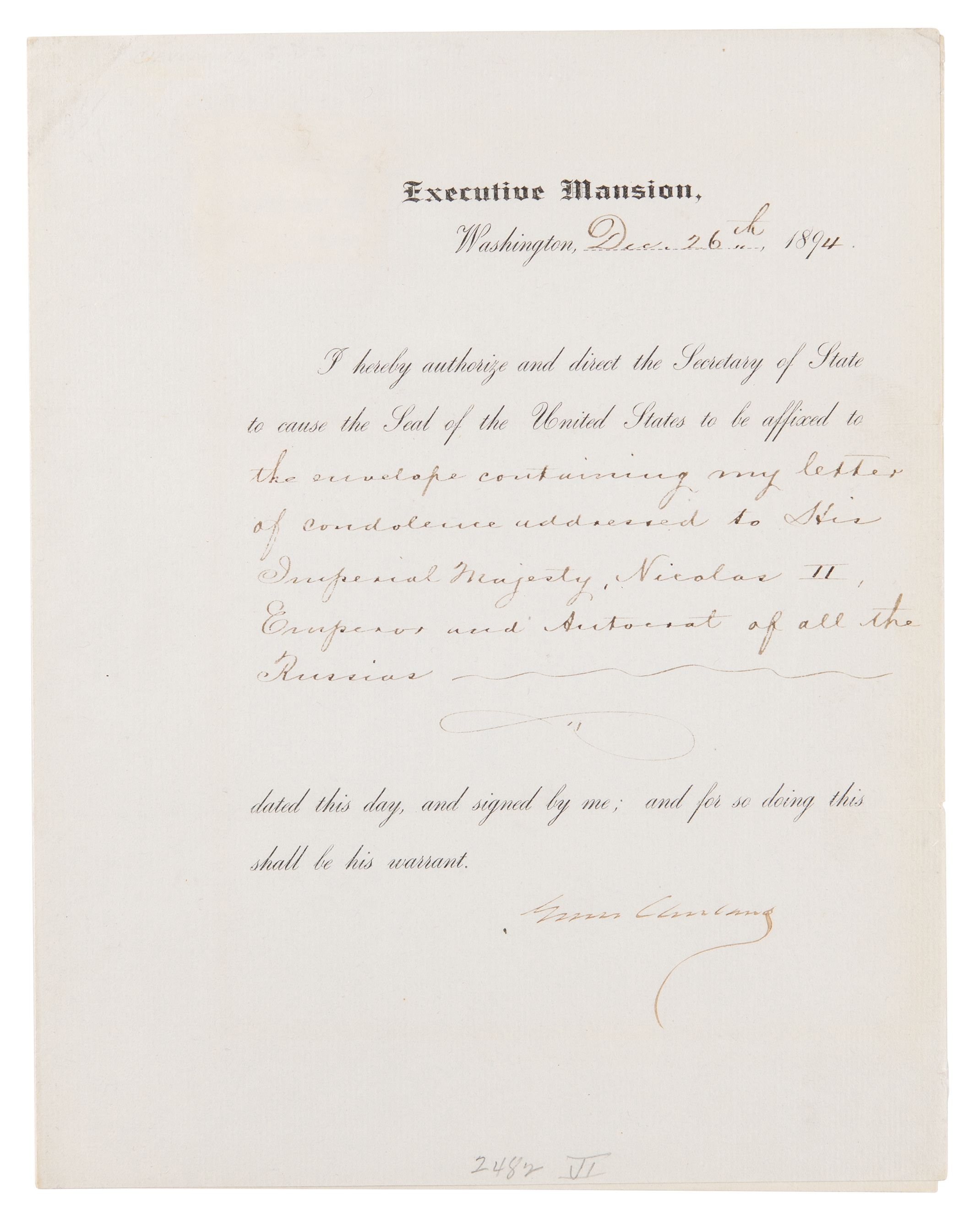 Lot #72 Grover Cleveland Document Signed as President, Sending Condolences on the Death of Czar Alexander III - Image 1