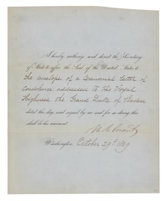 Lot #28 U. S. Grant Document Signed as President, Sending a Letter of Condolence to the Grand Duke of Baden - Image 1