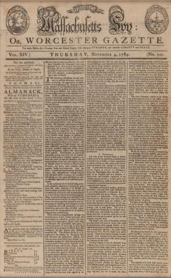 Lot #352 Paul Revere Engraved Masthead: Massachusetts Spy or, Worcester Gazette (November 4, 1784) - Image 2