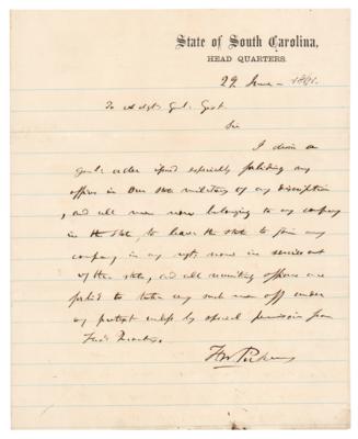 Lot #549 Francis W. Pickens Civil War-Dated Autograph Letter Signed to States Rights Gist, Forbidding Military Officers from Leaving South Carolina - Image 1