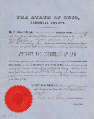 Lot #42 William McKinley: State of Ohio Document Granting Permission to Practice Law (1867) - Image 1