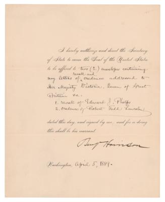 Lot #94 Benjamin Harrison Document Signed as President - Approving Robert Todd Lincoln as the United States Minister to the United Kingdom - Image 1