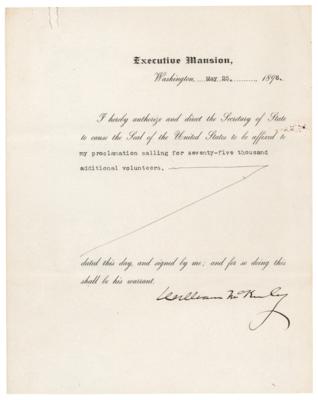 Lot #117 William McKinley Document Signed as President, Calling for 75,000 Additional Volunteers for the Spanish–American War - Image 1