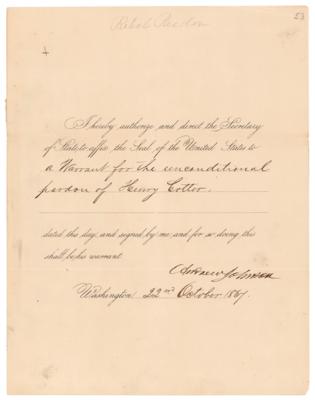 Lot #100 Andrew Johnson Document Signed as President, Pardoning a Young Counterfeiter - Image 1