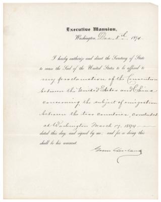 Lot #73 Grover Cleveland Document Signed as President - Prohibiting the Emigration of Chinese Laborers to the United States - Image 1