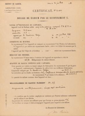 Lot #235 Marie Curie Document Signed - Certificate of Assay for the Emission of Radiation - Image 2