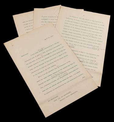 Lot #45 Woodrow Wilson Hand-Corrected Typed Letter Draft on U.S. Neutrality in WWI, Denying Allegations Regarding “the sale and exportation of arms by citizens of the United States to the enemies of Germany” - Image 1