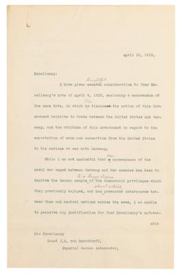 Lot #45 Woodrow Wilson Hand-Corrected Typed Letter Draft on U.S. Neutrality in WWI, Denying Allegations Regarding “the sale and exportation of arms by citizens of the United States to the enemies of Germany” - Image 2