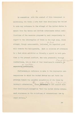 Lot #45 Woodrow Wilson Hand-Corrected Typed Letter Draft on U.S. Neutrality in WWI, Denying Allegations Regarding “the sale and exportation of arms by citizens of the United States to the enemies of Germany” - Image 4
