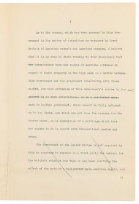Lot #45 Woodrow Wilson Hand-Corrected Typed Letter Draft on U.S. Neutrality in WWI, Denying Allegations Regarding “the sale and exportation of arms by citizens of the United States to the enemies of Germany” - Image 5