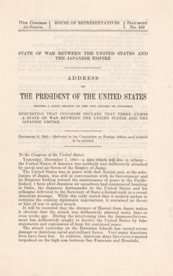 Lot #558 Franklin D. Roosevelt: Official Printing of Pearl Harbor Address - "A date which will live in infamy" - Image 1