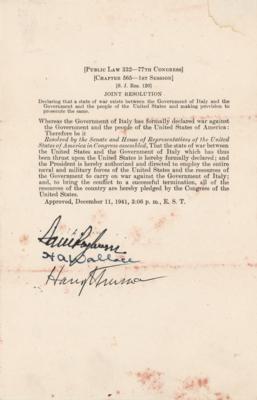 Lot #147 Harry S. Truman, Henry A. Wallace, and Sam Rayburn Signed Congressional Resolution Declaring War on Italy - Image 1