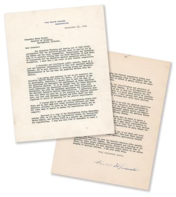 Lot #46 Franklin D. Roosevelt Typed Letter Signed as President on the First Peacetime Draft - "Undoubtedly the most important single factor in our entire program of national defense" - Image 1