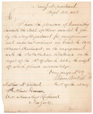 Lot #186 Gideon Welles Letter Signed as Secretary of the Navy - Image 1