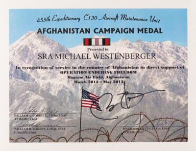 Lot #133 Barack Obama 'Afghanistan Campaign Medal' Certificate Signed as President - Image 1