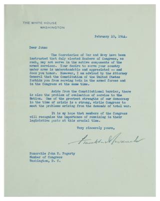 Lot #47 Franklin D. Roosevelt Typed Letter Signed as President, Declining a Congressman's Request to Enlist - Image 1