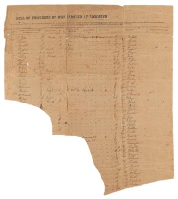 Lot #478 Civil War: Roll of Prisoners of War Paroled at Richmond (1862) - Image 1