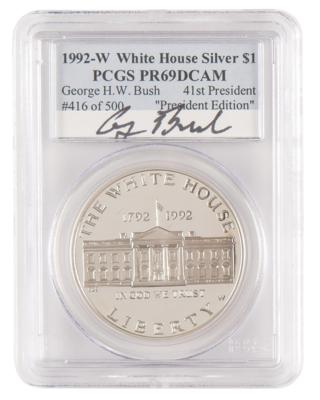 Lot #66 George Bush Signed 1992 White House Silver $1 Coin - PCGS PR69DCAM - Image 1