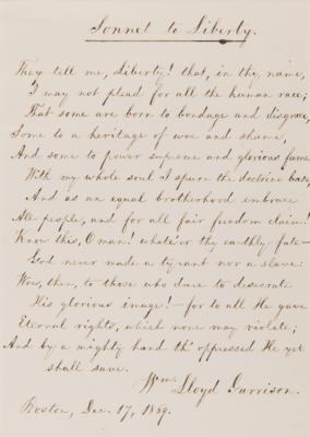 Lot #294 William Lloyd Garrison Autograph Letter Signed and "Sonnet to Liberty" Manuscript - "One of the Sonnets that I wrote during the Anti-Slavery struggle" - Image 3