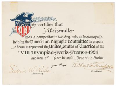 Lot #3307 Johnny Weissmuller's Paris 1924 Summer Olympics Trials Certificate from the American Olympic Committee - Image 1
