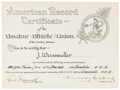 Lot #3313 Johnny Weissmuller's 1927 AAU American Record Certificate for '880 Yds. Swim' - Image 1