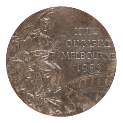 Lot #3079 Melbourne 1956 Summer Olympics Silver Winner's Medal and Participation Medal for Football - Image 1