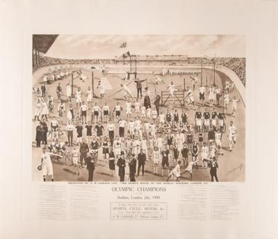 Lot #3235 London 1908 Olympics Lithograph - 'Olympic Champions at the Stadium, London, July, 1908' (Gamage) - Image 1