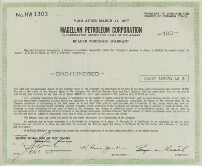 Lot #278 Magellan Petroleum Corporation Stock Warrant Certificate - Image 1