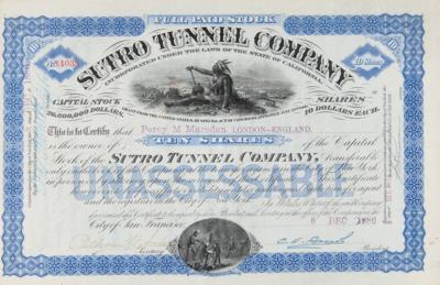 Lot #330 Sutro Tunnel Company Stock Certificate (1886) - Image 2