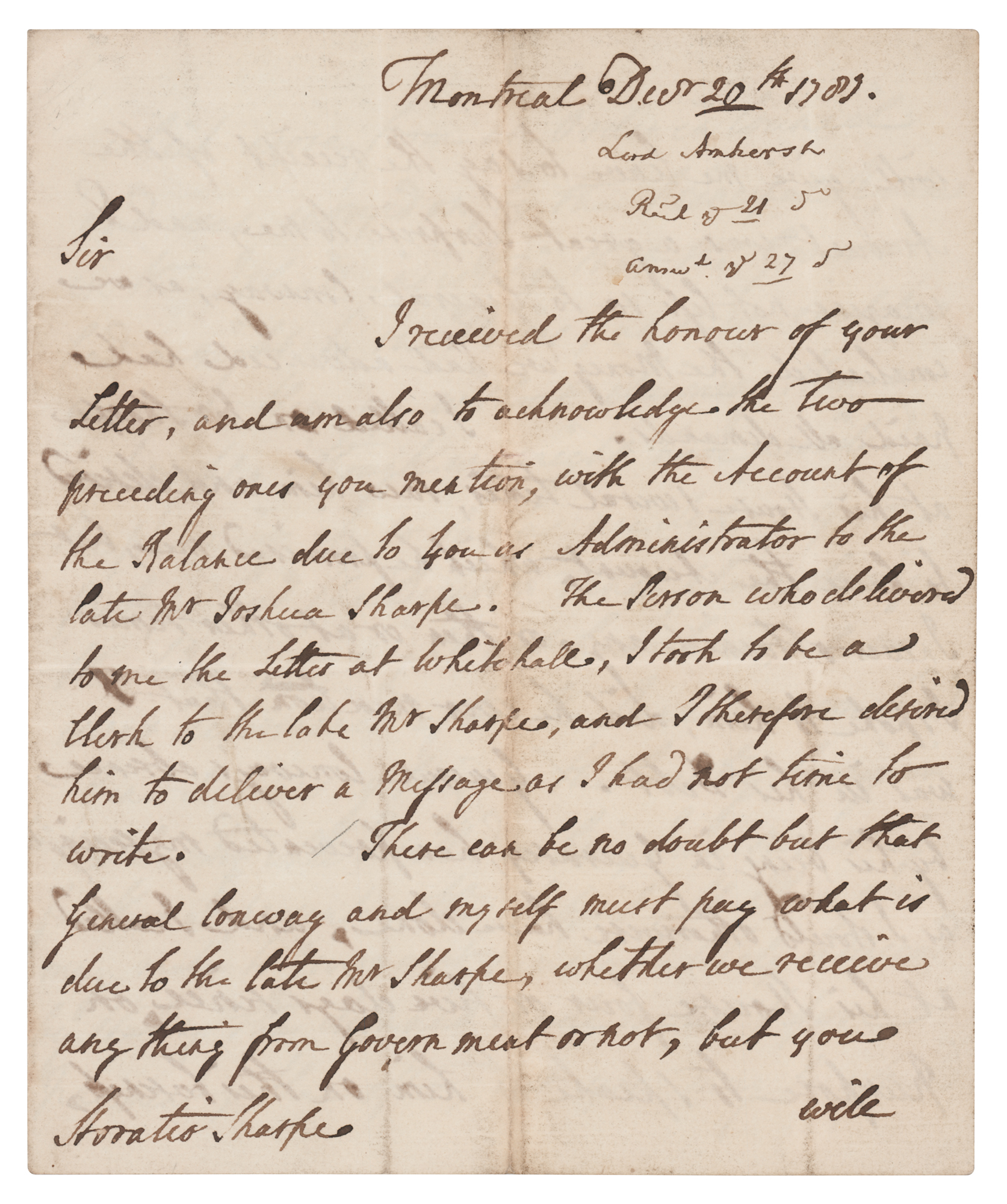 Lot #379 Lord Jeffrey Amherst Autograph Letter