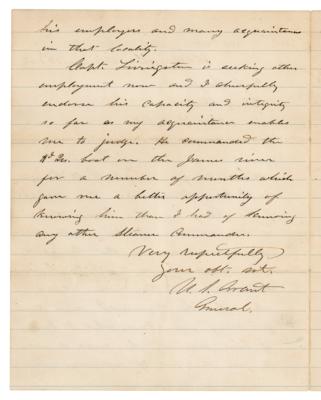 Lot #72 U. S. Grant Autograph Letter Signed, Recommending an Officer who "commanded the Hd. Qrs. boat on the James River" - Image 2