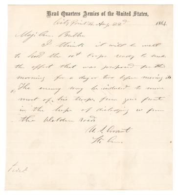 Lot #73 U. S. Grant Civil War-Dated Autograph Letter Signed to Gen. Butler on Richmond Campaign - Image 1