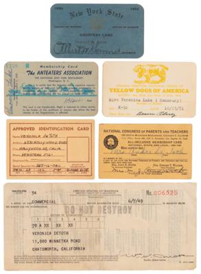 Lot #829 Veronica Lake (6) Personal Membership Cards and Documents, with (2) Signed - Image 1