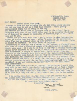 Lot #832 Stan Laurel Typed Letter Signed on the Death of Oliver Hardy: "I have no desire to continue—he could never be replaced" - Image 1