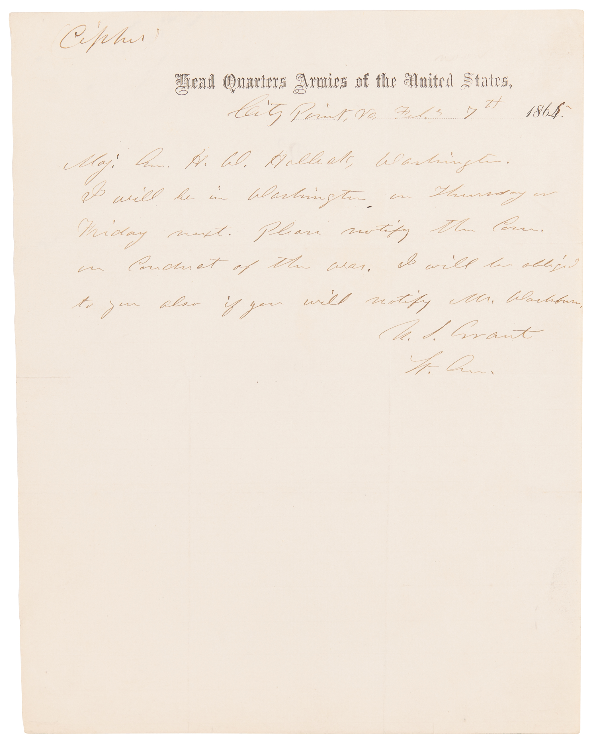 Lot #16 U. S. Grant Civil War-Dated Autograph Letter Signed to Gen. Halleck on the Committee on the Conduct of the War (1865) - Image 1