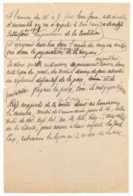 Lot #369 Ferdinand Foch Handwritten Speech Draft World War I: "By this unity of action maintained from the first lines of our front to the rear, the most distant of nations involved in the war quickly take on this sustained pace from which victory emerges" - Image 4