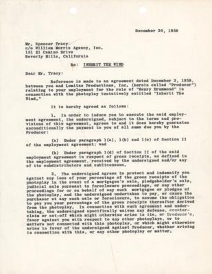 Lot #728 Spencer Tracy Document Signed for Inherit the Wind - Image 2