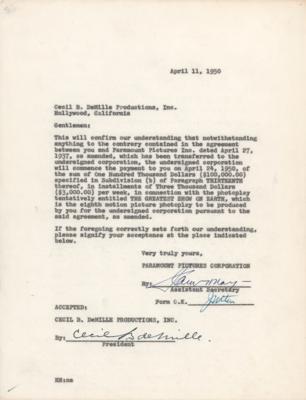 Lot #787 Cecil B. DeMille Document Signed for The Greatest Show on Earth - Image 1