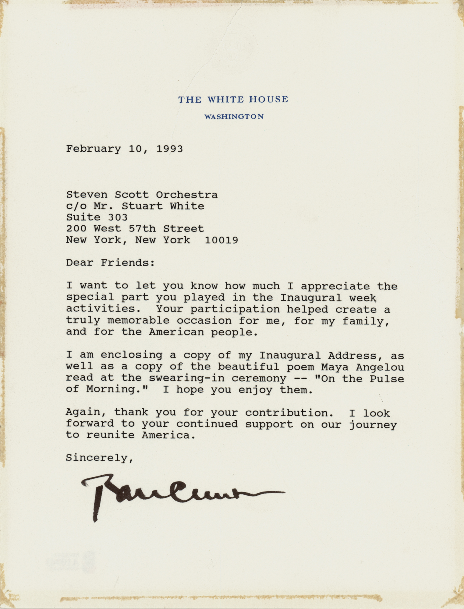 Lot #56 Bill Clinton Typed Letter Signed as President on His First Inauguration: "Your participation helped create a truly memorable occasion for me, for my family, and for the American people" - Image 1